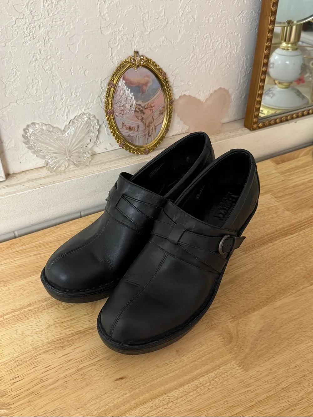 Y2K Chunky Born Black Leather Platform Clogs Mary Jane Comfort Heels Size 11